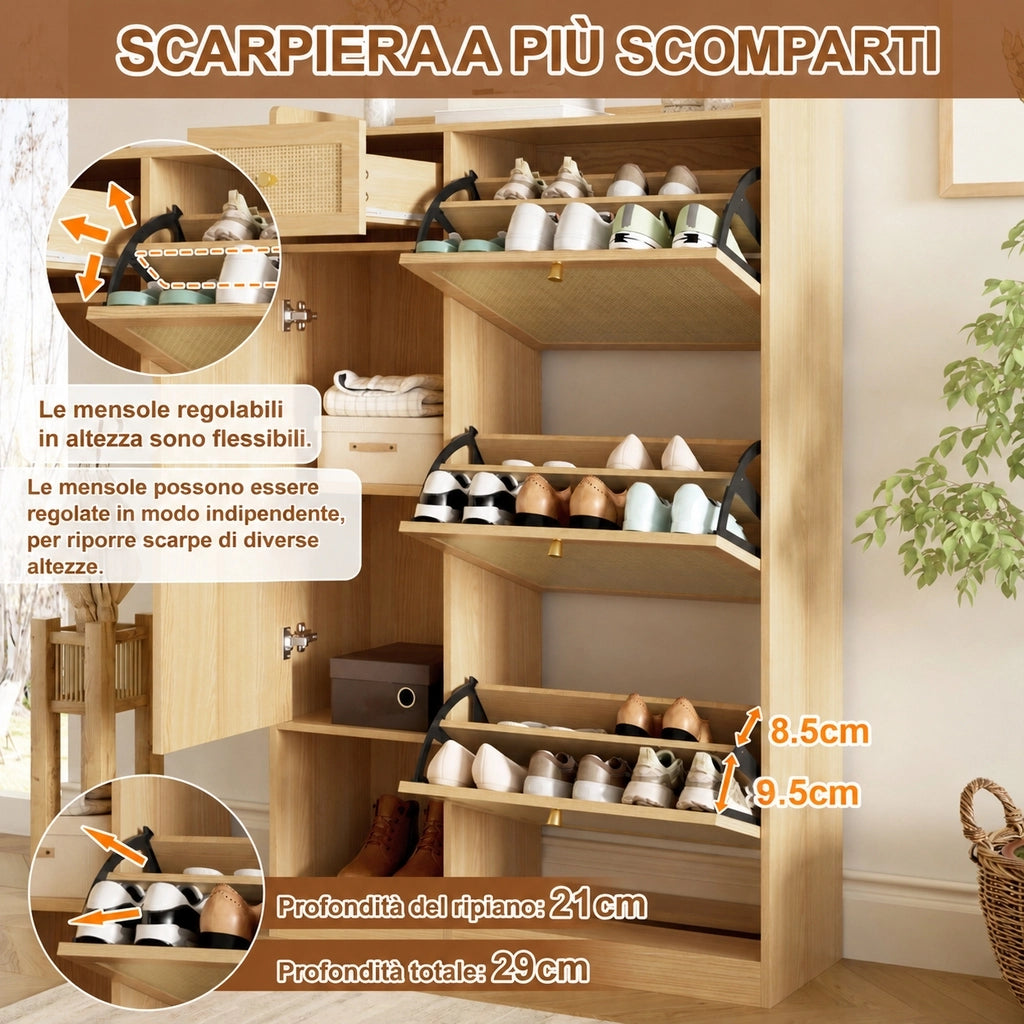 Scarpiera in rattan con 3 ante a ribalta, 1 anta laterale e cassetto, truciolare, naturale