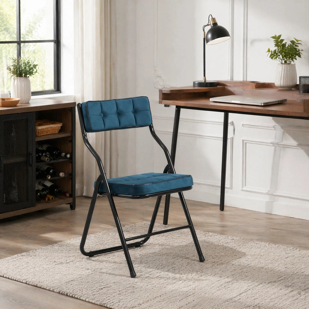 Set di 2 sedie da pranzo pieghevoli con seduta e schienale imbottiti struttura in acciaio in velluto blu