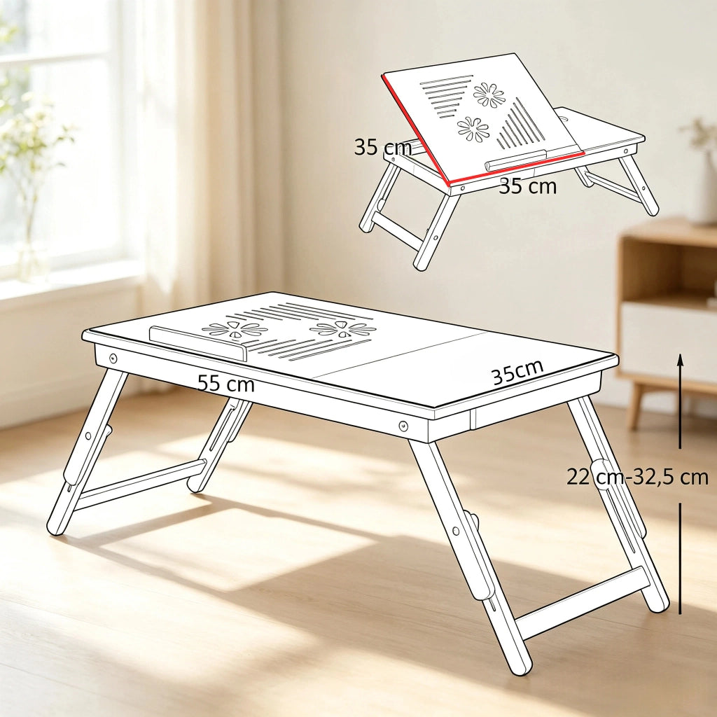 Tavolo pieghevole in bambù regolabile e inclinabile con piano ventilato e cassetto naturale 55 × 35 × 22-32.5 cm