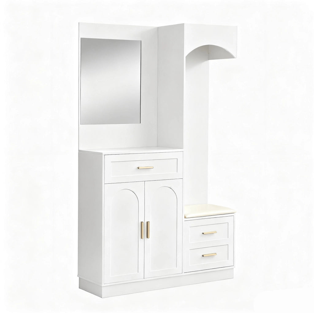 Guardaroba compatto bianco con appendiabiti, scarpiera, specchio e panca, 110x33x185,5 cm