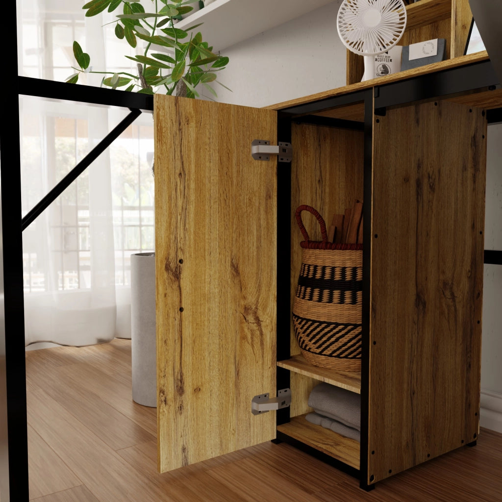 Letto a soppalco 90 × 200 cm in metallo e MDF nero con scrivania armadio scala contenitore e USB