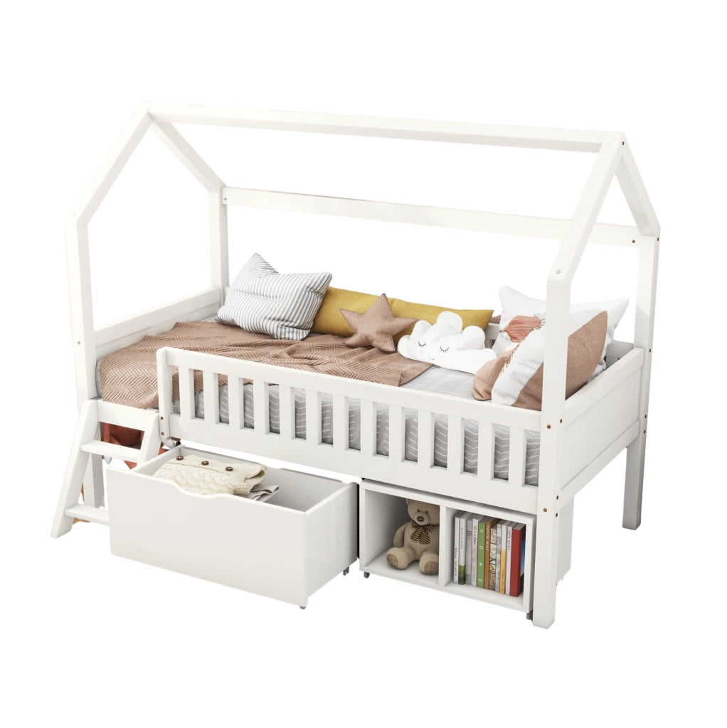 Letto a soppalco per bambini 200x90 cm con cassetti e ripiani, barriera anti-caduta, bianco, in legno di pino
