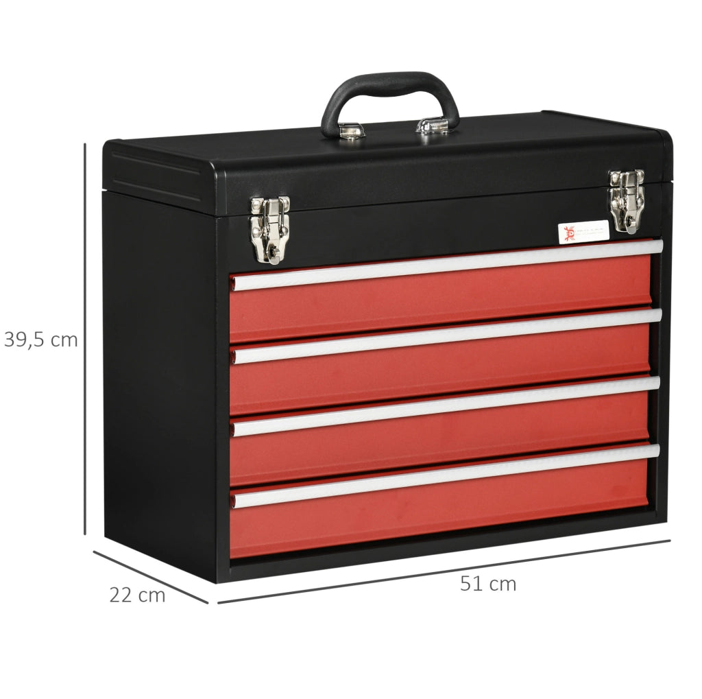 Cassettiera per utensili in acciaio con 4 cassetti e serratura, 51x22x39,5 cm, nero e rosso