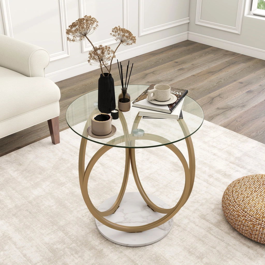 Tavolino da caff¨¨ rotondo in vetro con struttura geometrica ad anello, Tavolo moderno in metallo dorato per soggiorno e ufficio a casa