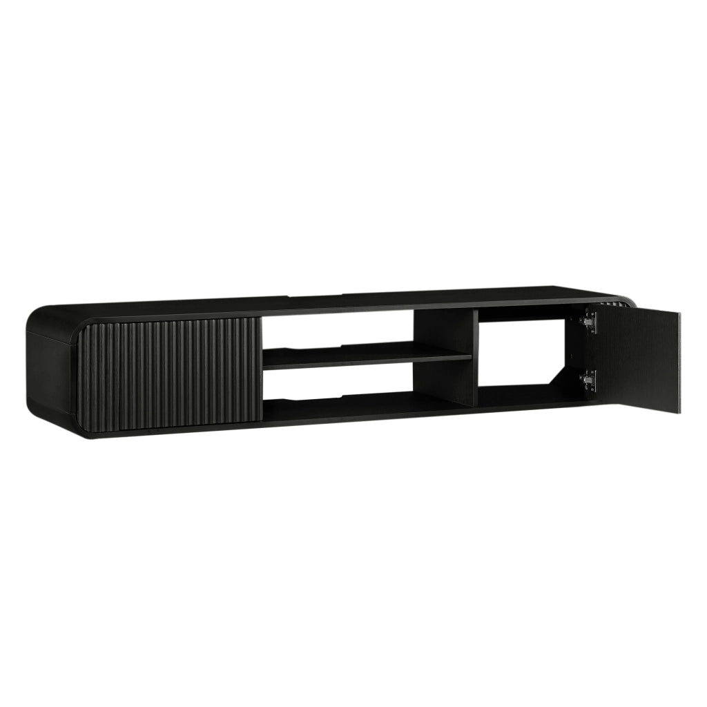 Mobile TV sospeso 160x38x30 cm con vani aperti e passacavi in truciolare nero