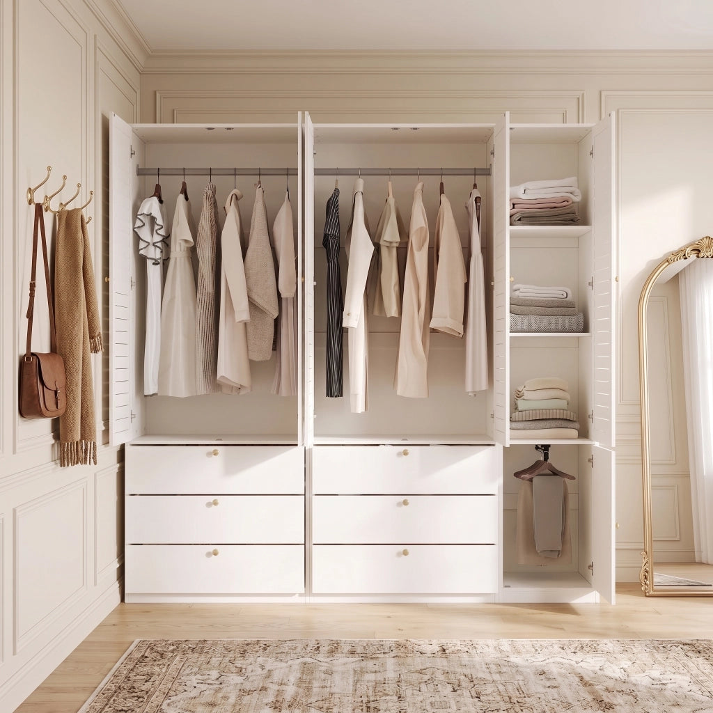 Armadio a 5 ante con ante a lamelle 3 appendiabiti 6 cassetti e portapantaloni estraibile bianco 225 × 50 × 200 cm