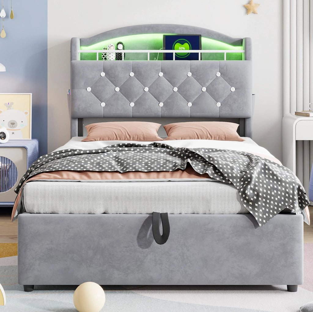Letto imbottito per bambini 90x200 cm con contenitore, LED, USB e portaoggetti, grigio