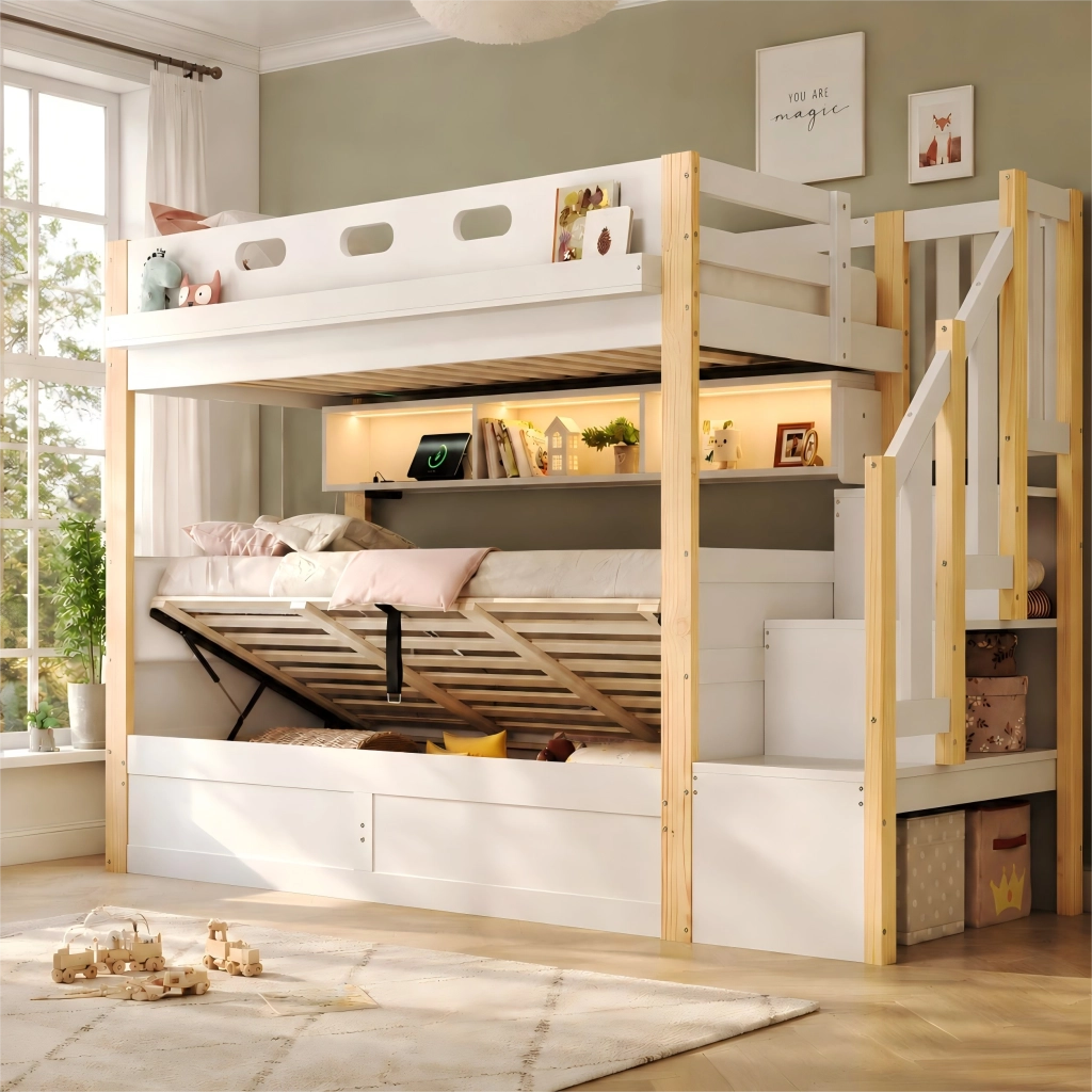 Letto a castello per bambini 90 × 200 cm con contenitore scala con vani LED USB e testiera imbottita bianco