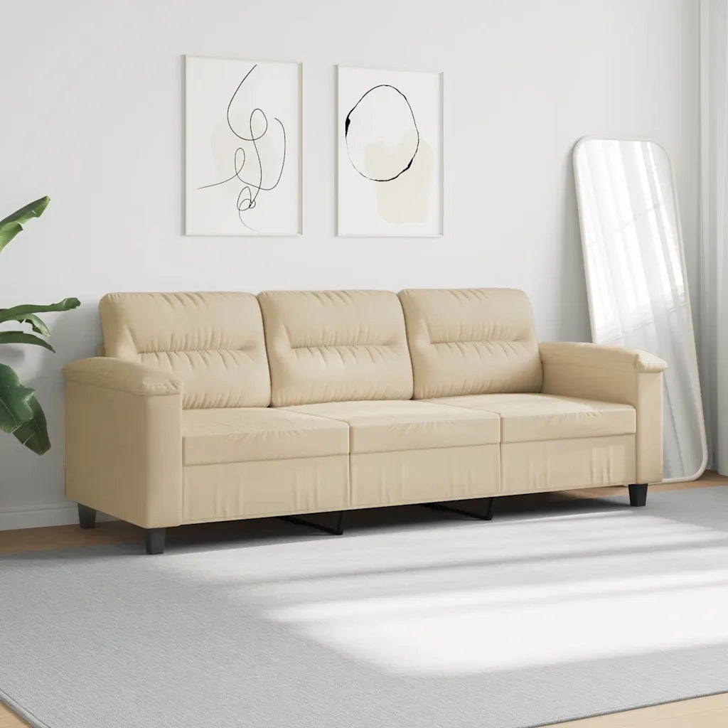 Divano a 3 Posti-Sofa 3 Posti Crema 180 cm in Tessuto Microfibra