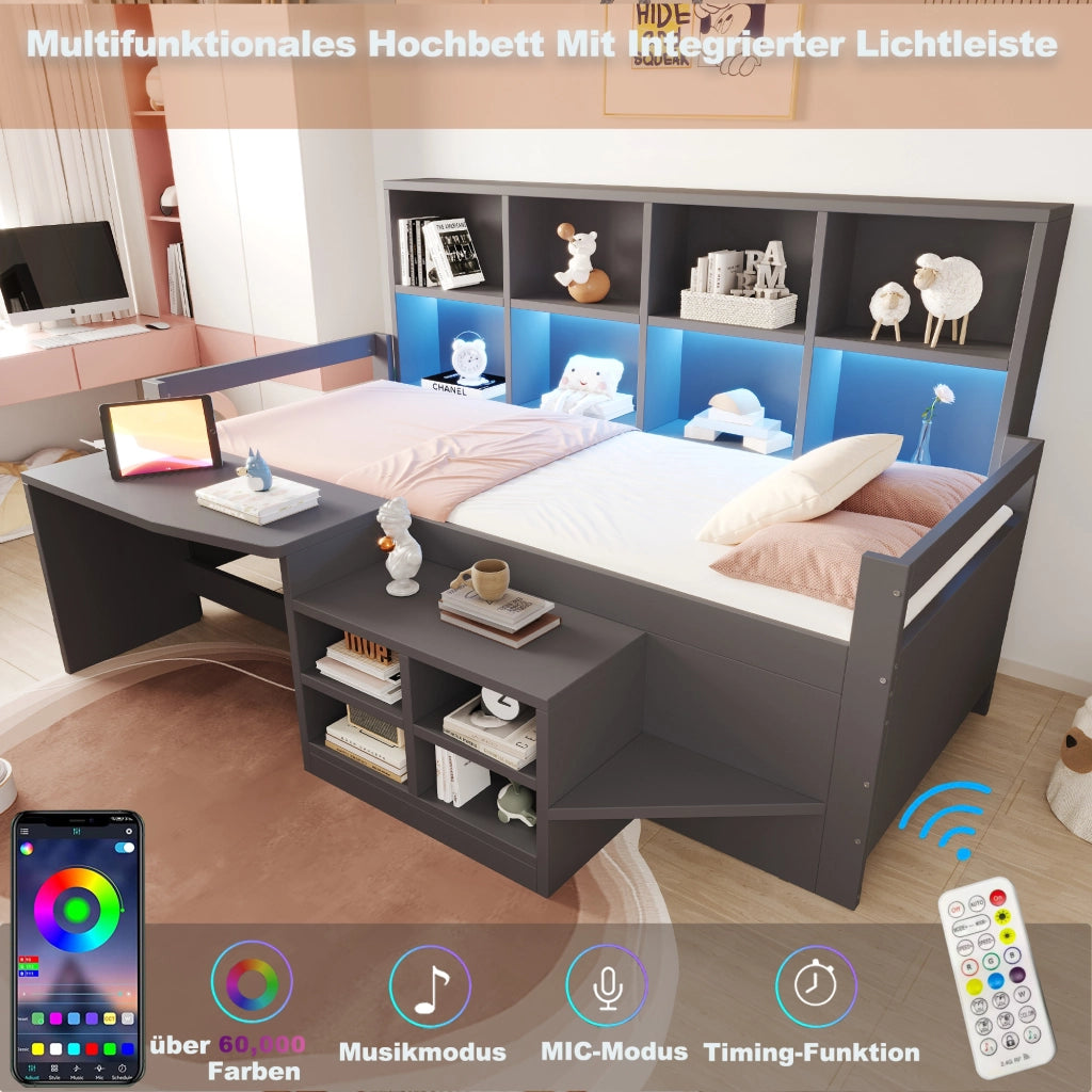 Letto a soppalco 90 × 200 cm con scrivania contenitori LED USB presa elettrica e scala in legno grigio