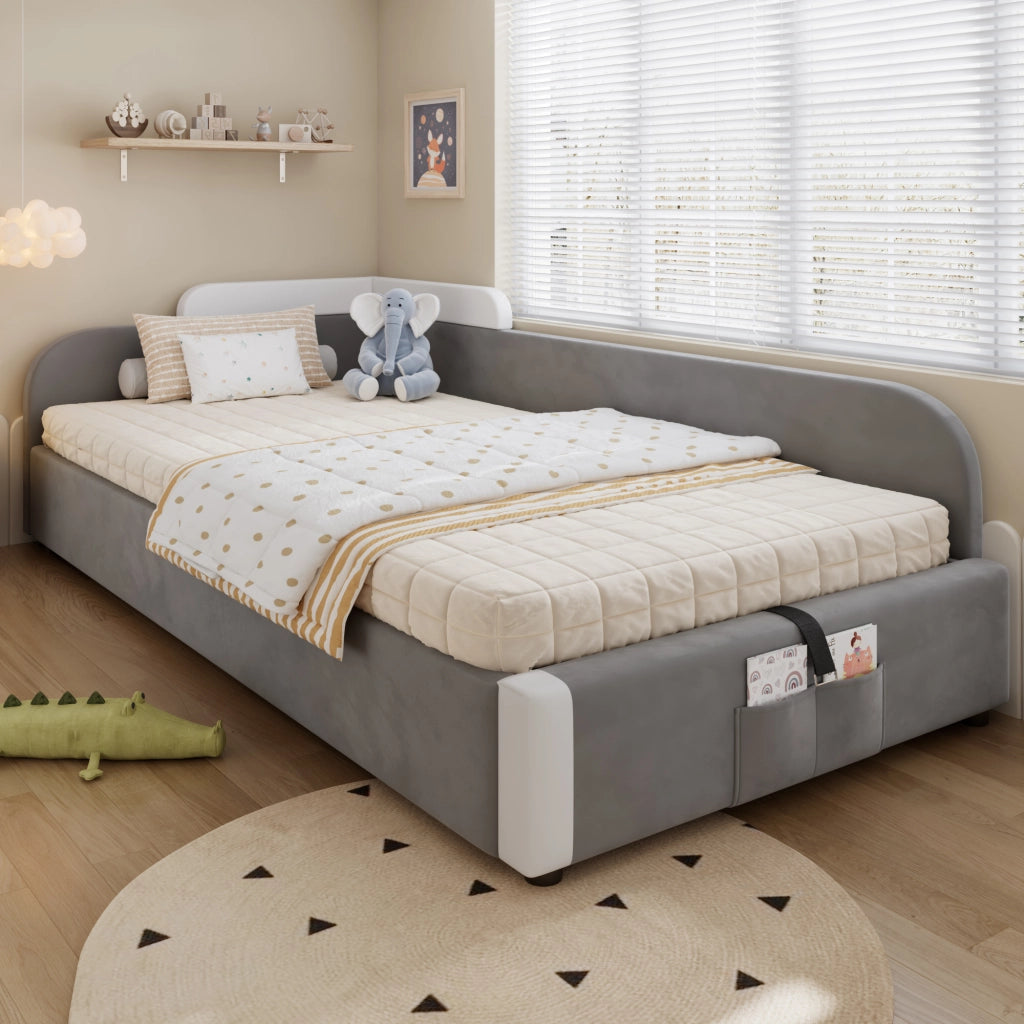 Letto singolo per bambini 90 × 200 cm con contenitore idraulico in velluto bianco e grigio con sponde morbide