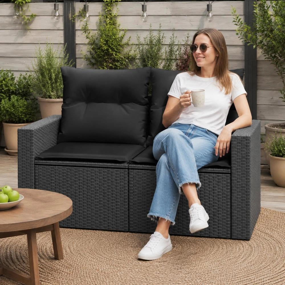 Garden Sofa With Cushions 2-seater Black Poly Rattan