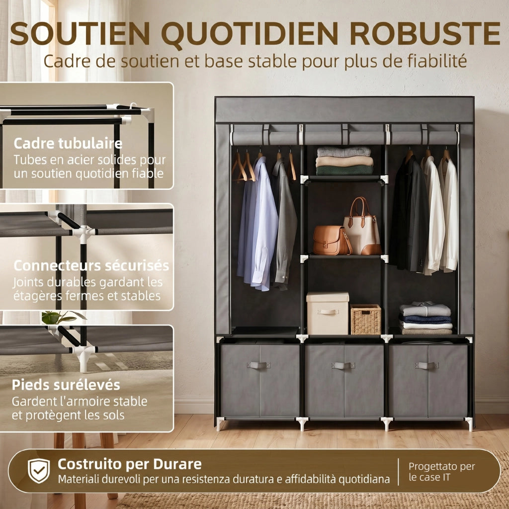 Armadio in Tessuto Pieghevole Grigio Scuro Guardaroba Salvaspazio con Cassetti e Zip 125x43x162.5cm
