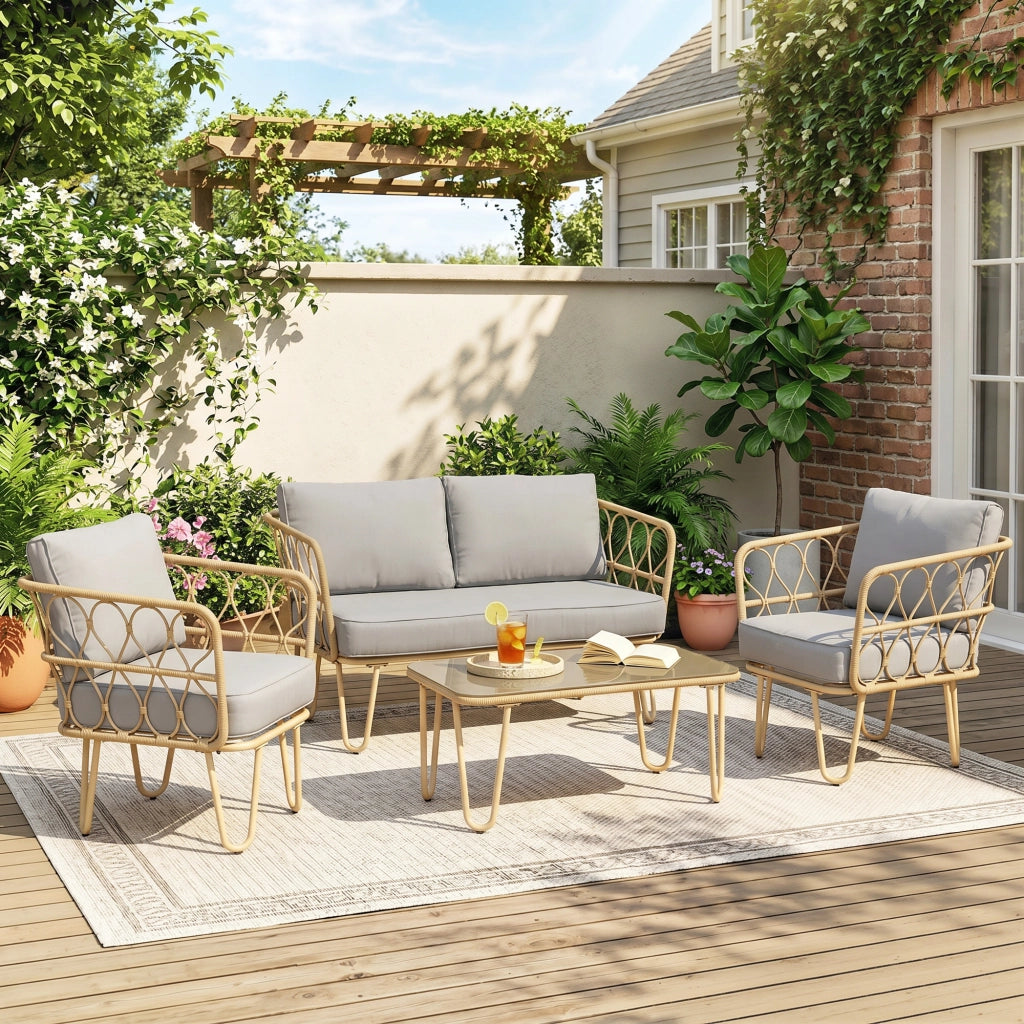 Set Salotto da Giardino in Rattan ¨C zephmum ¨C Divano 2 Posti, 2 Poltrone, Tavolino con Piano in Vetro