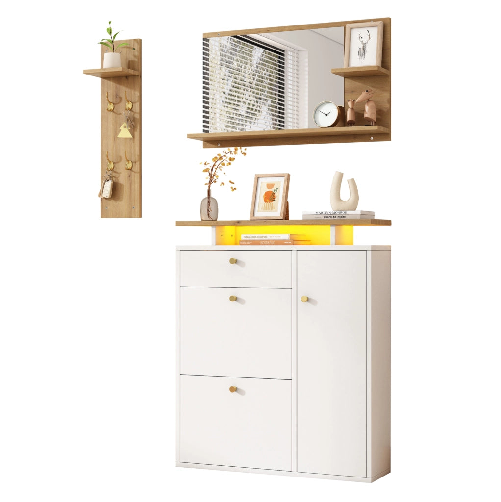 Set guardaroba da ingresso 3 pezzi con specchio, mensola cappelli e scarpiera con illuminazione LED, 4 ganci, bianco e naturale, 105x25x151,5 cm