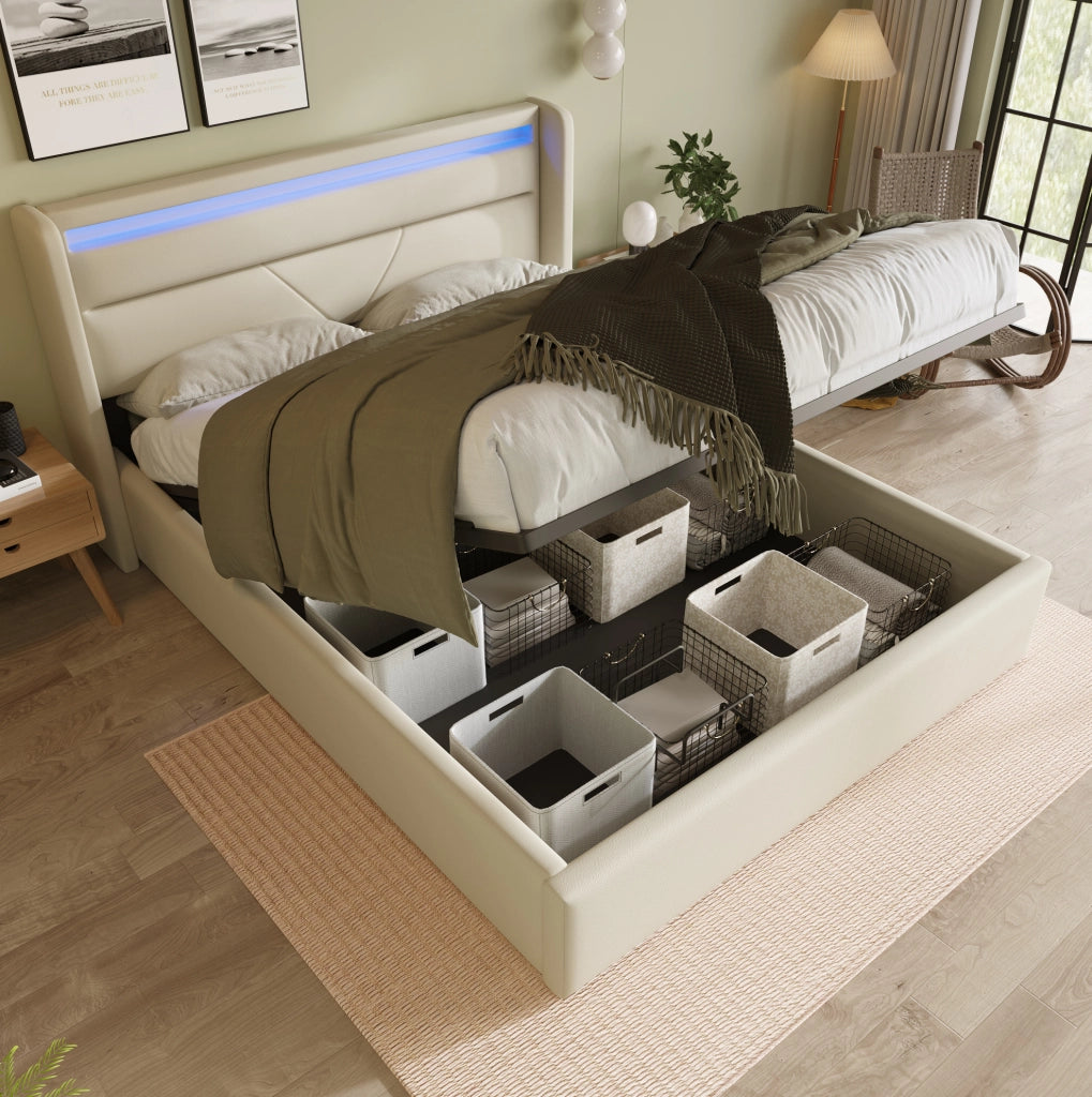 Letto contenitore idraulico imbottito 160x200 cm con luci LED e telecomando, bianco, struttura in PU