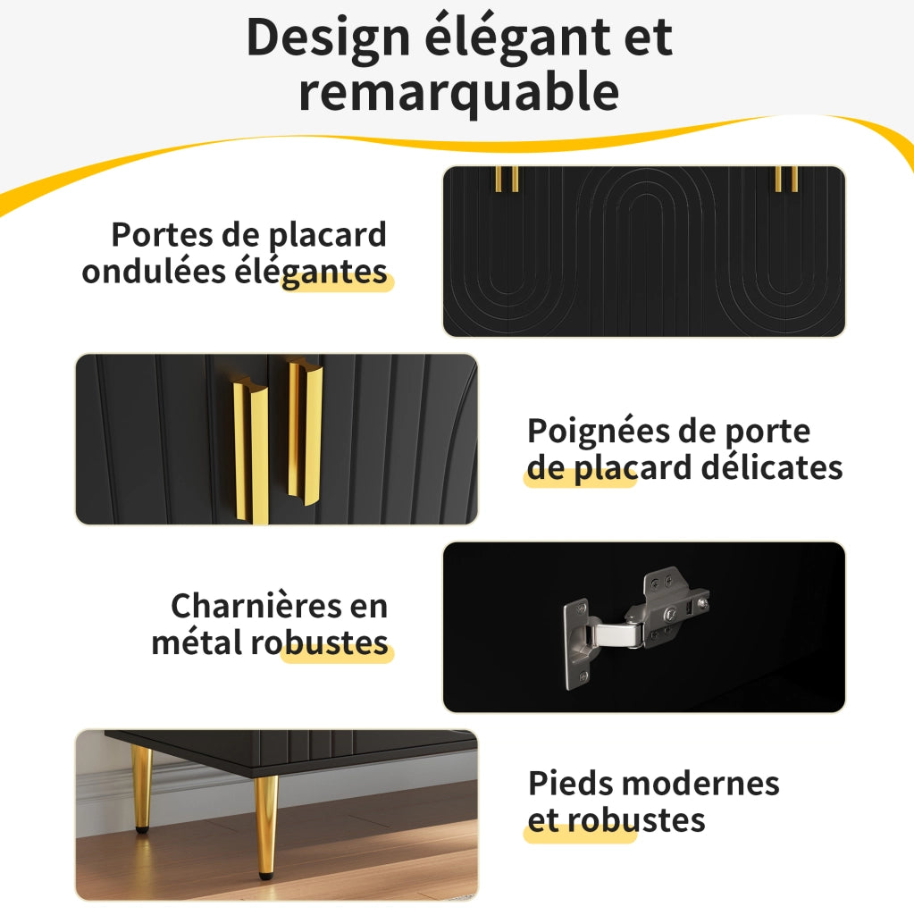 Credenza moderna 152x40x75 cm in MDF nero con frontali ondulati e maniglie dorate