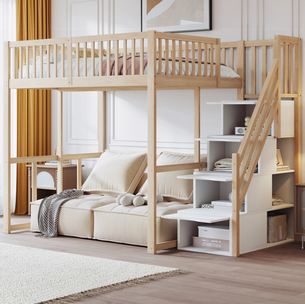 Letto a soppalco 140x200 cm con scala contenitore e sponda di sicurezza; legno naturale