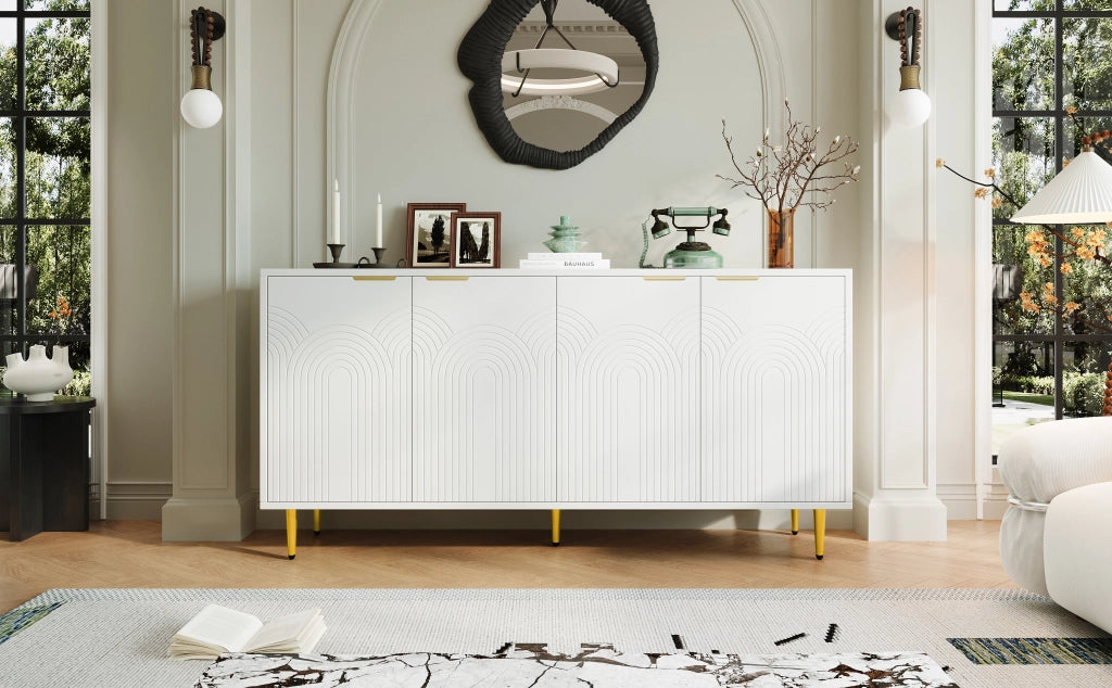 Sideboard soggiorno bianco, 160x80x40 cm, 4 ante, maniglie dorate spazzolate, gambe high-gloss