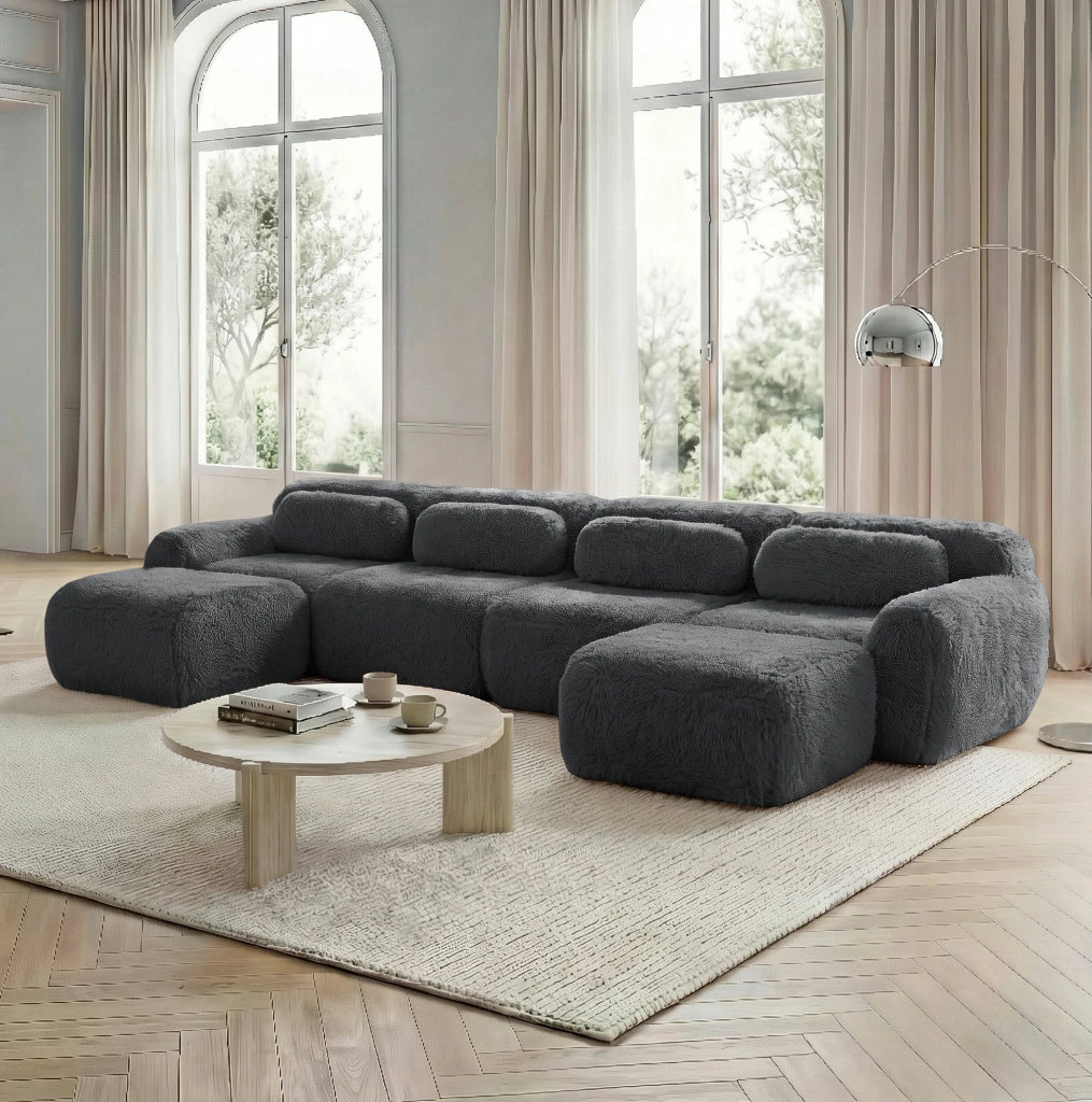 Divano modulare a forma di U in tessuto di peluche grigio, senza montaggio, con base antiscivolo e cuscini