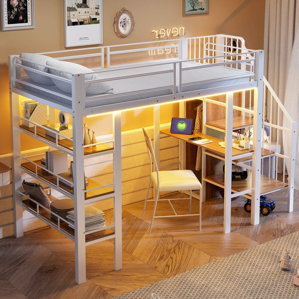 Letto a soppalco 90x200 cm in ferro con luci LED, presa elettrica, mensola e libreria, design multifunzionale, colore bianco