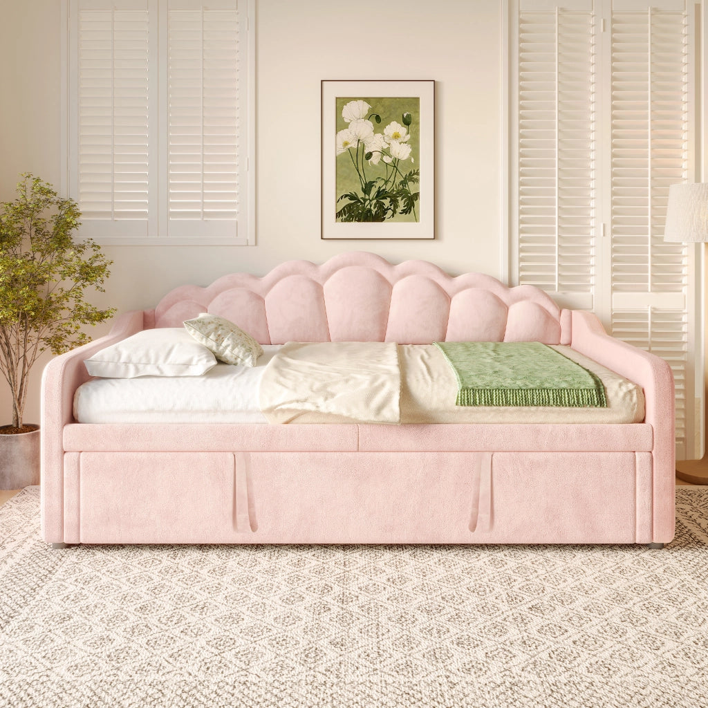 Letto a Divanetto Estraibile 90x200 cm e 180x200 cm; con LED; in Velluto; Rosa