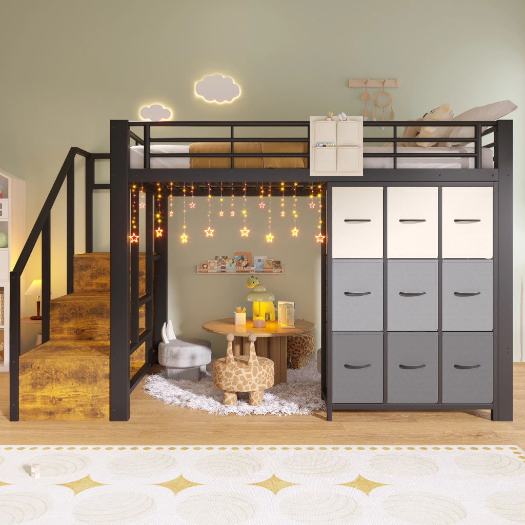 Letto a soppalco 140 × 200 cm con cassetti scala contenitore appendiabiti metallo e MDF nero con sponda