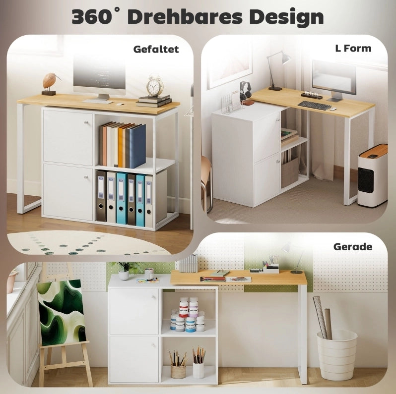 Scrivania angolare girevole a 360°, con 2 armadietti e 2 ripiani aperti, per spazi ridotti, 150x40x75 cm, bianco e impiallacciatura legno chiaro