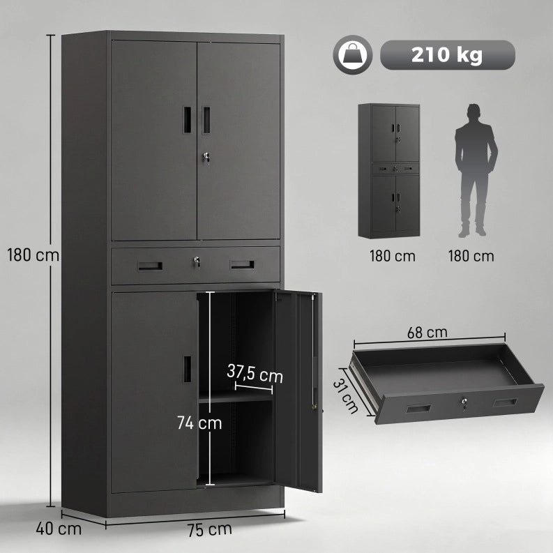 Armadio in metallo nero 180 cm con serrature, cassetto e ripiani regolabili