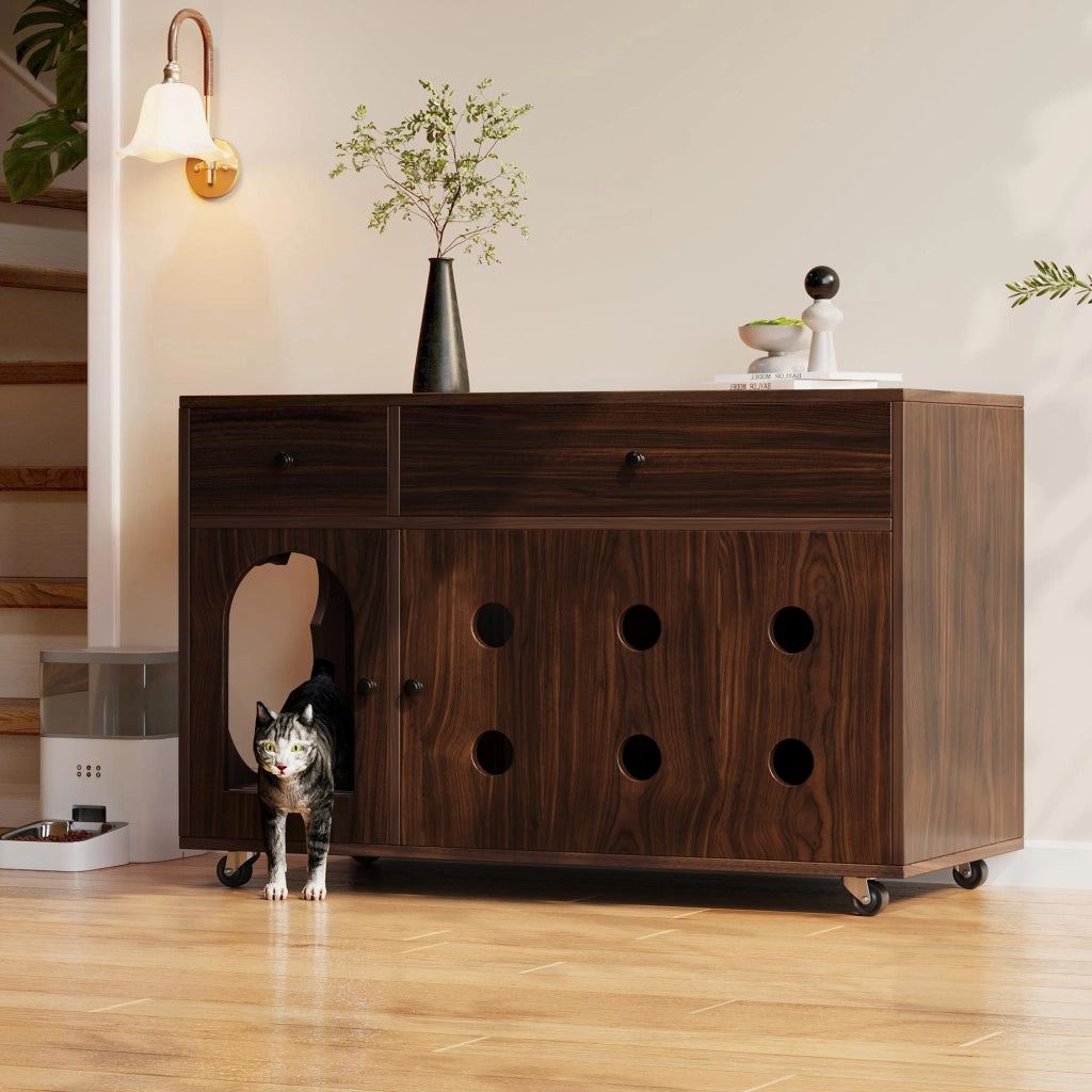 Mobile copriletiera per gatti con 2 cassetti; vassoio raccogli sabbia removibile e ruote noce 100 × 45 × 66 cm