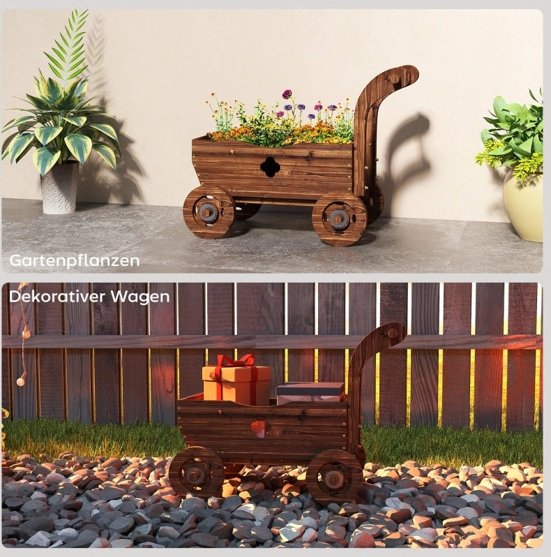 Lettino da giardino in legno di abete carbonizzato con ruote, 68 x 38 x 52 cm, design a carretto vintage