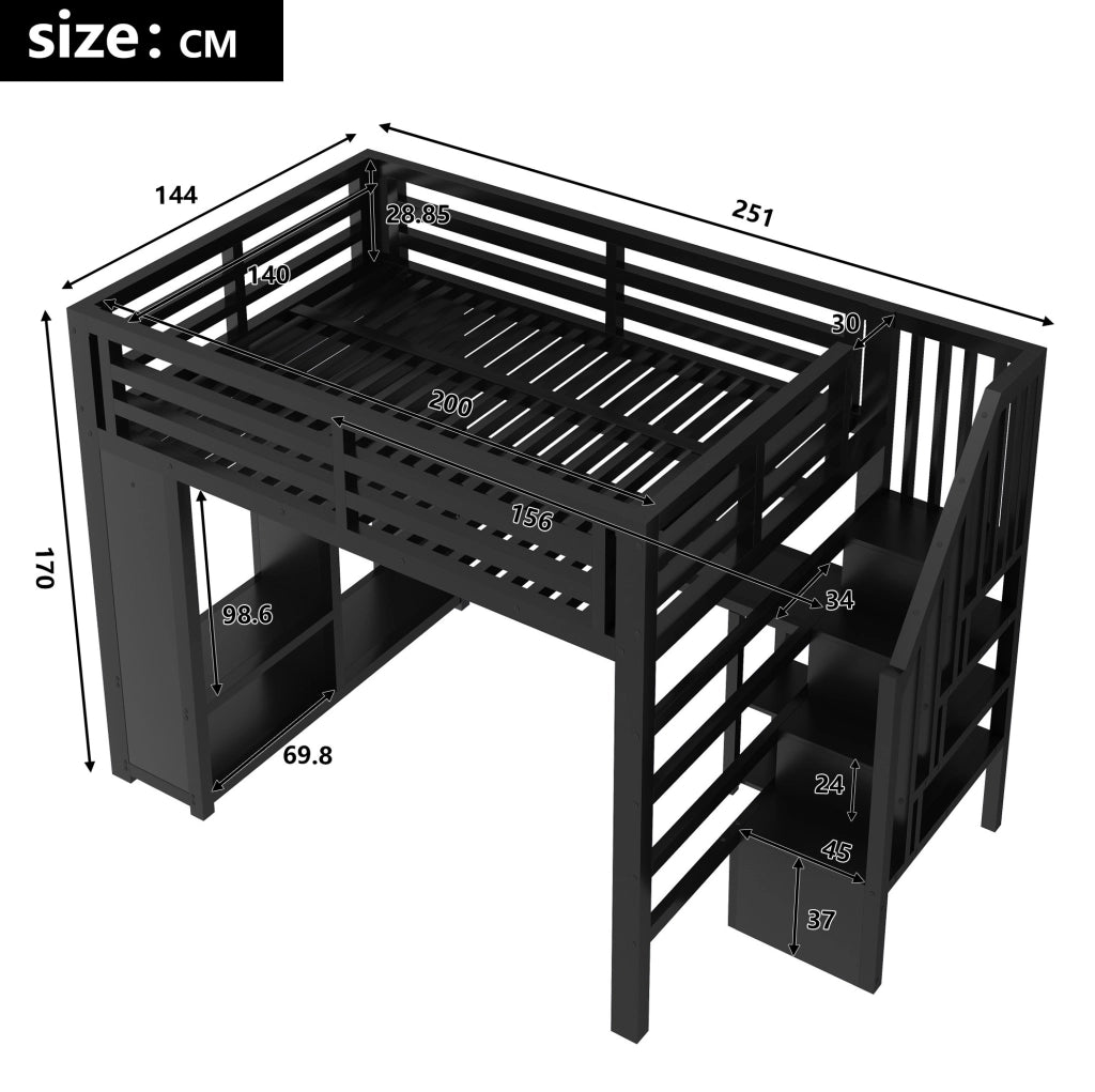 Letto a soppalco in metallo 140x200 cm con scrivania, LED, armadio aperto e scale nere