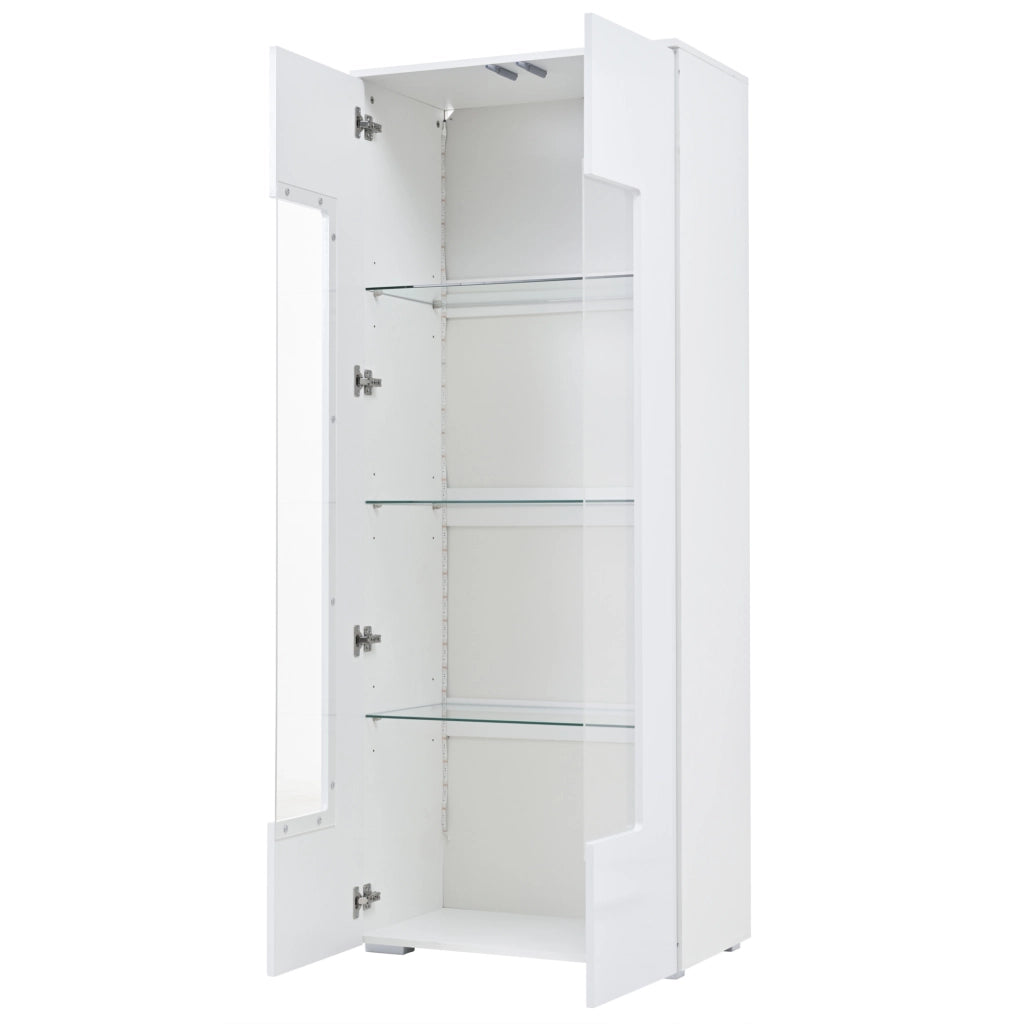 Vetrina alta 70x40x173 cm in MDF bianca, 2 ante e LED salvaspazio