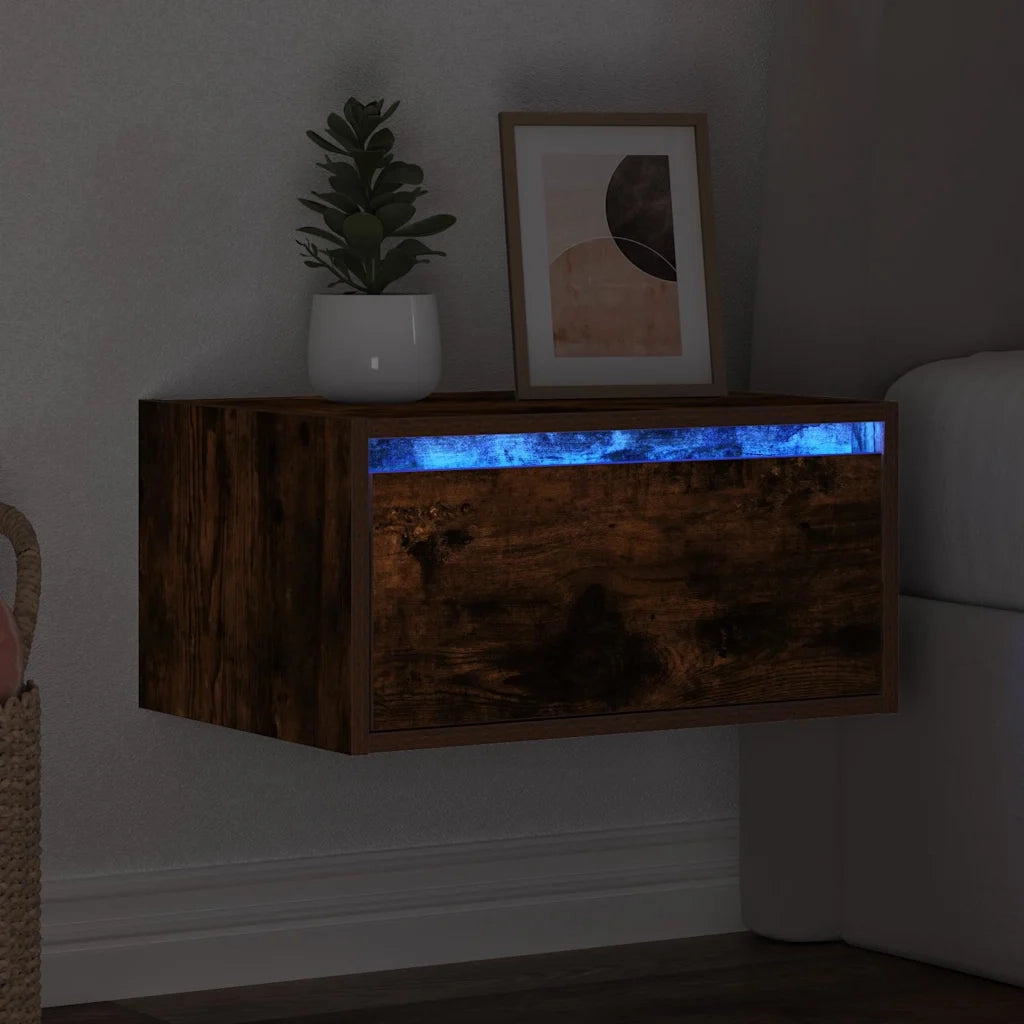 Comodino | Armadio da Notte | Mobiletto da notte a Parete con luci LED Rovere Fumo