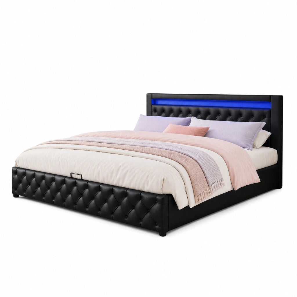 Letto imbottito 160x200 cm con rete, contenitore e LED, nero