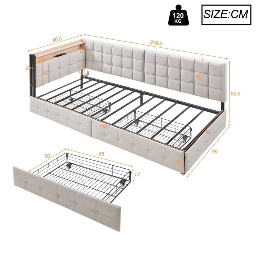 Letto imbottito per bambini 90 x 200 cm con 2 cassetti, lampada LED letto singolo con porte USB e Type-C, tessuto beige