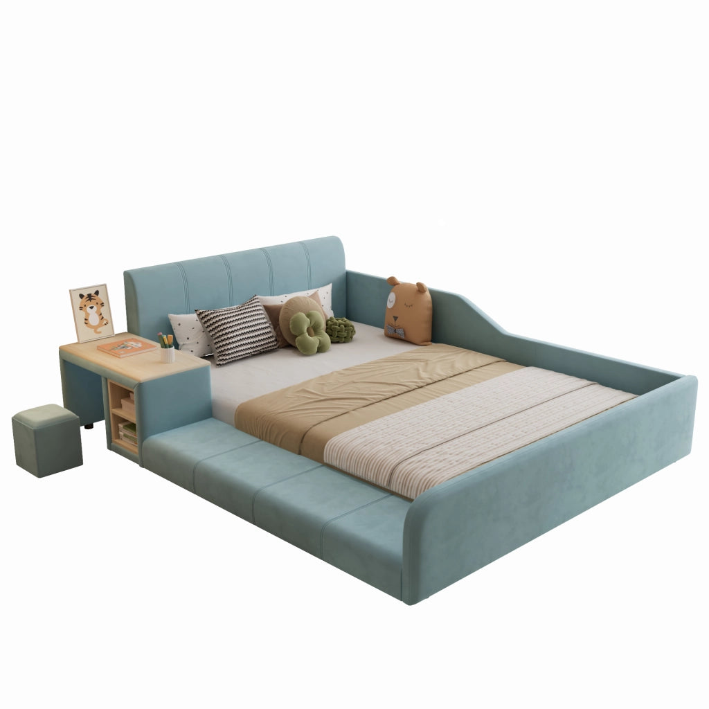 Letto singolo con scrivania in velluto blu 140x200 cm