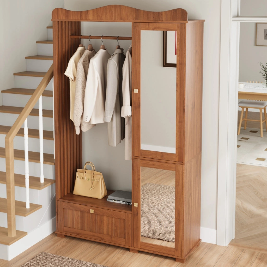 Garderobenschrank aus MDF in Nussbaum mit Ganzkörperspiegel und Offener Kleiderstange, 115,5x38,5x194,5 cm