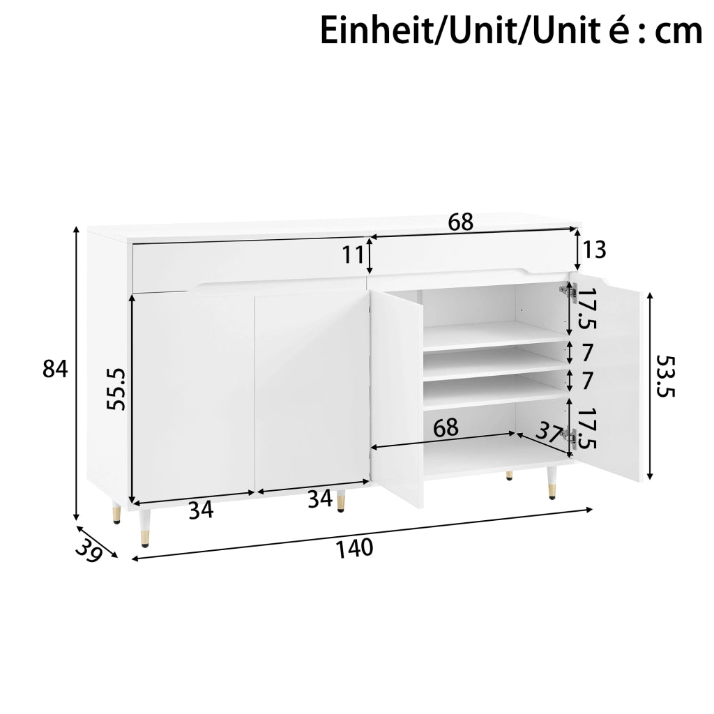 Mobile Scarpiera con 2 Ante e 2 Cassetti; Ripiani Regolabili; Piedini Dorati; Stile Moderno; in Pannello Truciolare; Bianco; 140??39??84 cm