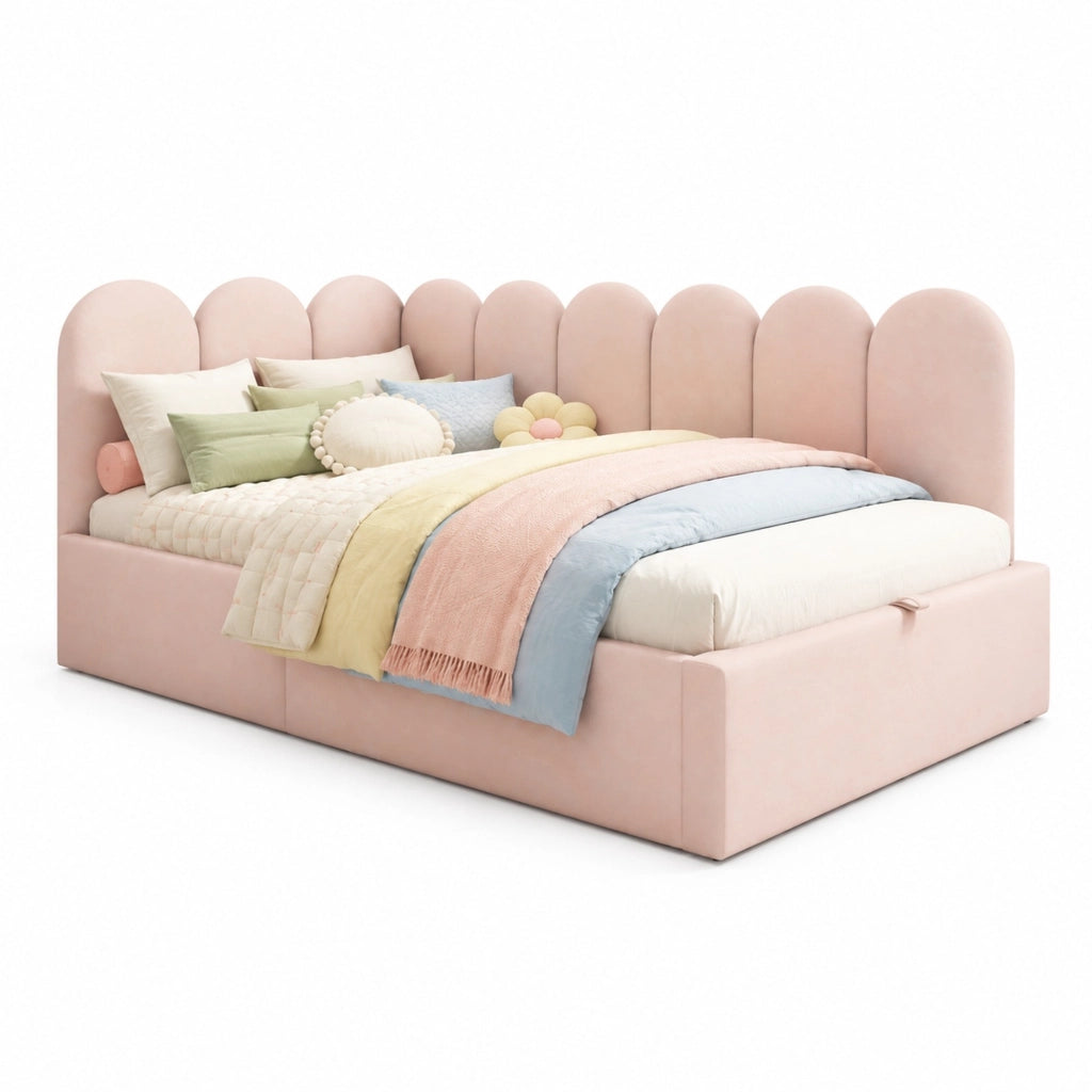 Letto singolo imbottito rosa 90x200 cm con contenitore idraulico