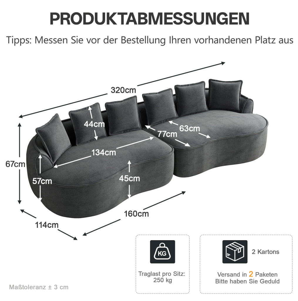 Divano modulare quattro posti in tessuto chenille grigio, senza struttura, dimensioni extra large con chaiselongue profonda e cuscini inclusi