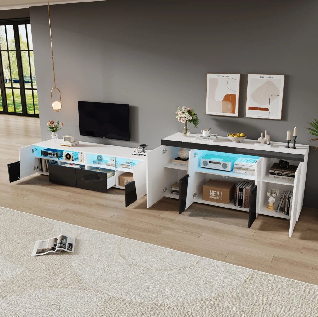 Set mobile TV sospeso con LED e sideboard 4 ante bianco e nero