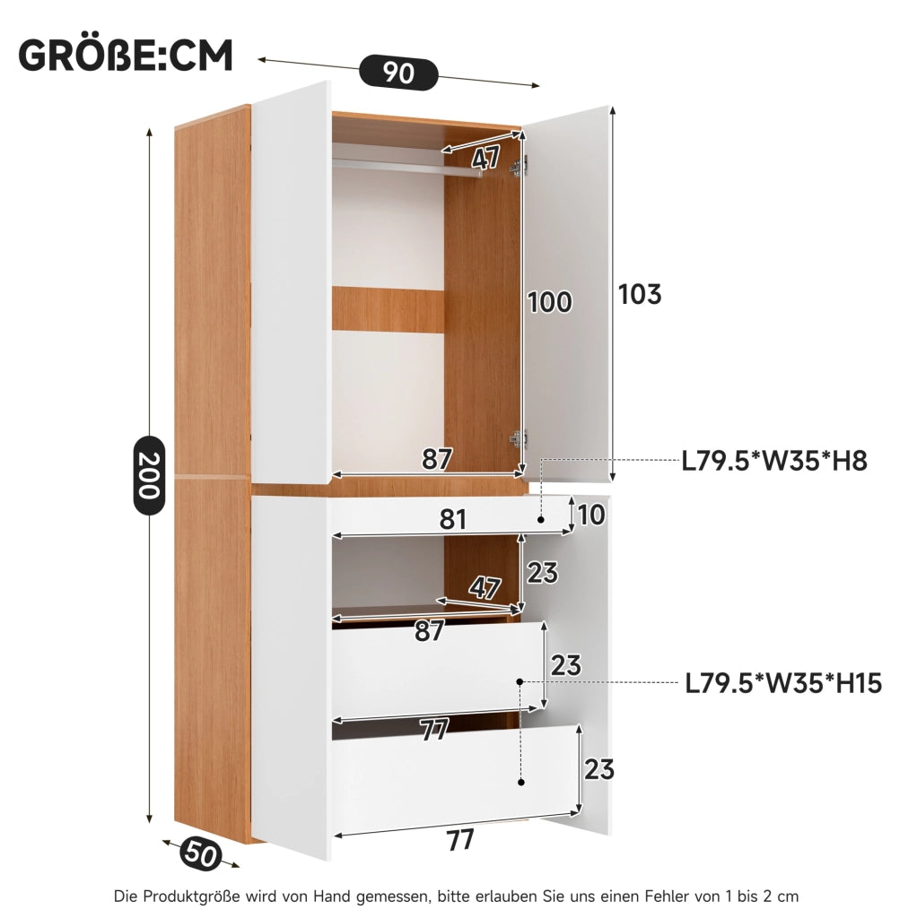 Armadio guardaroba con cassetto portagioie; 90 x 50 x 200 cm; MDF e truciolare; bianco