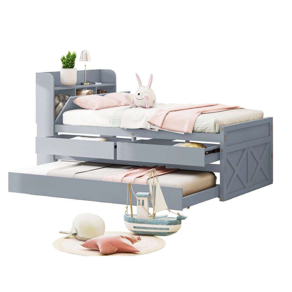 Letto Singolo con Rete a Doghe Cassetto e Comodino ¨C Minimal ¨C Grigio Legno Pino Massello 90x190cm