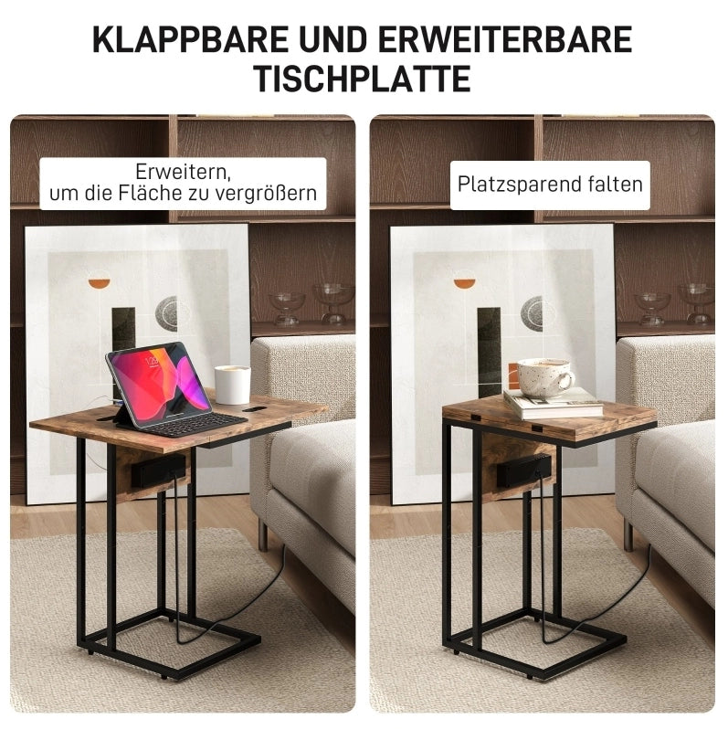 Tavolino pieghevole con stazione di ricarica USB, metallo e pannello marrone 39x29x57 cm