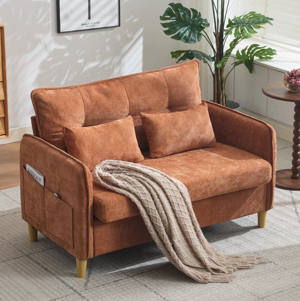 Divano a 2 posti in tessuto Chenille marrone, 127 cm, con braccioli, tasche laterali e cuscini inclusi