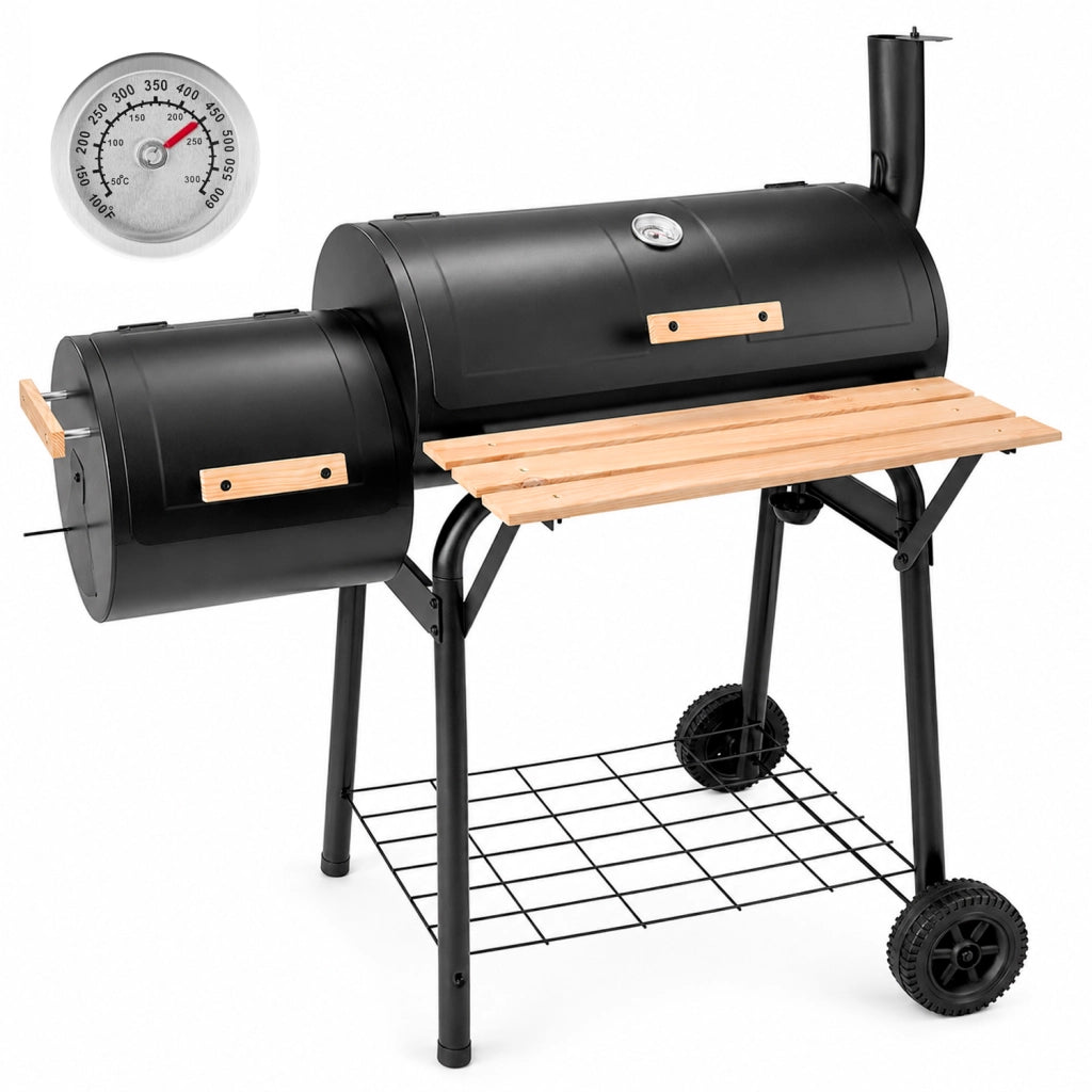 Barbecue A Carbone Con Camera Affumicatura Laterale BBQ Con Termometro Integrato Griglie Cromate Ripiano E Maniglie Legno Ruote Per Giardino E Terrazzo 109.5 x 59 x 116 Cm Nero