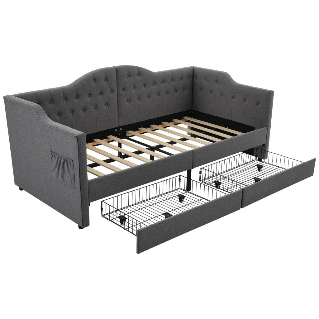 Letto divano singolo 90 × 200 cm con 2 cassetti; USB e porta Type-C; senza materasso; in lino grigio