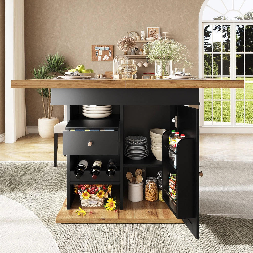 TAVOLO DA PRANZO ALLUNGABILE 110-140x80 cm Nero e Naturale con contenitori