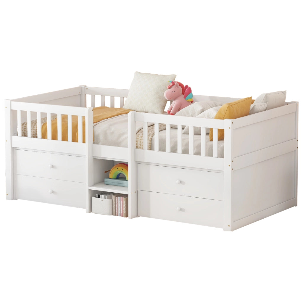 Letto a soppalco 90 × 200 cm 1 posto con 4 cassetti; barriere e scala; senza materasso; pino bianco
